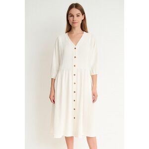 Calvin Klein Dress Womens 12 Cream Button Front 3/4 Sleeve Midi‎